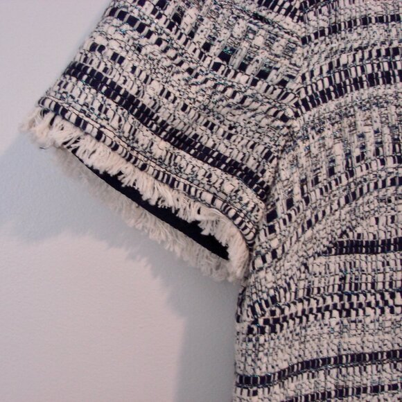Trina Turk Tweed Midi Dress Navy White Shift V-neck Fringe Business Office 8 - Picture 7 of 16